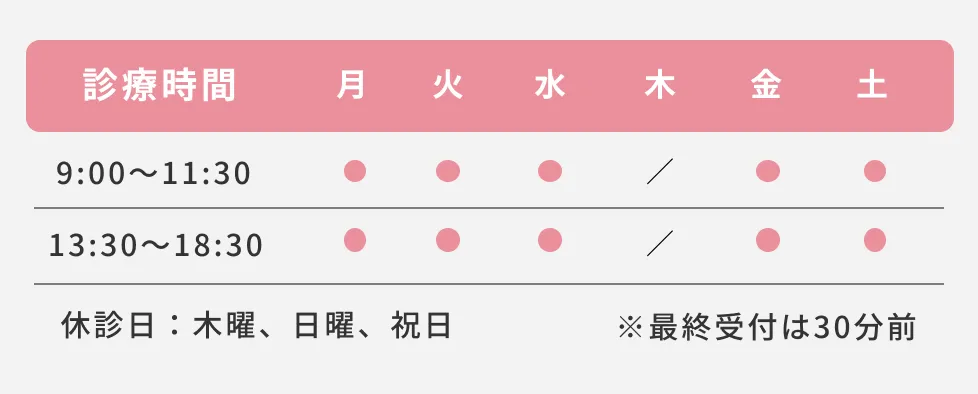 診療時間：月火水金土曜日 9:00~11:30 、13:30~18:30、休診日：木曜、日曜、祝日
