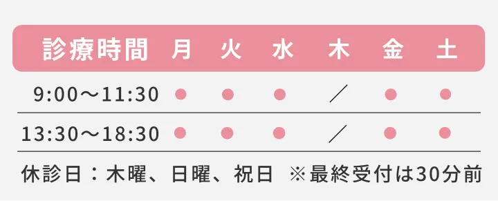 診療時間：月火水金土曜日 9:00~11:30 、13:30~18:30、休診日：木曜、日曜、祝日